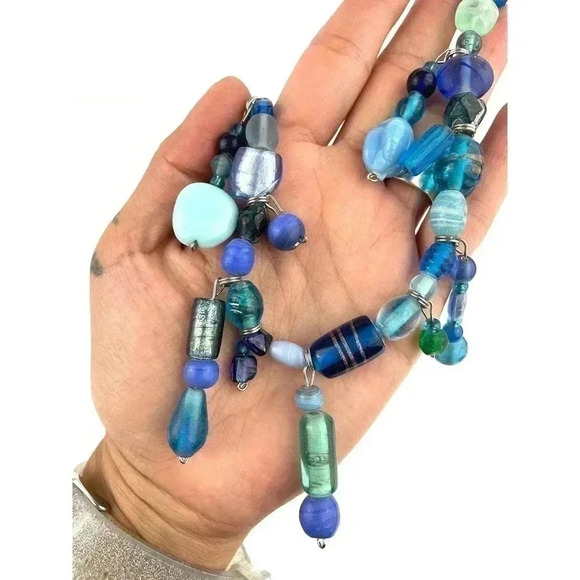Frosted Blue Glass Boho Style Beaded Necklace 25" Shades Dangle Frosted Beads - Picture 5 of 10